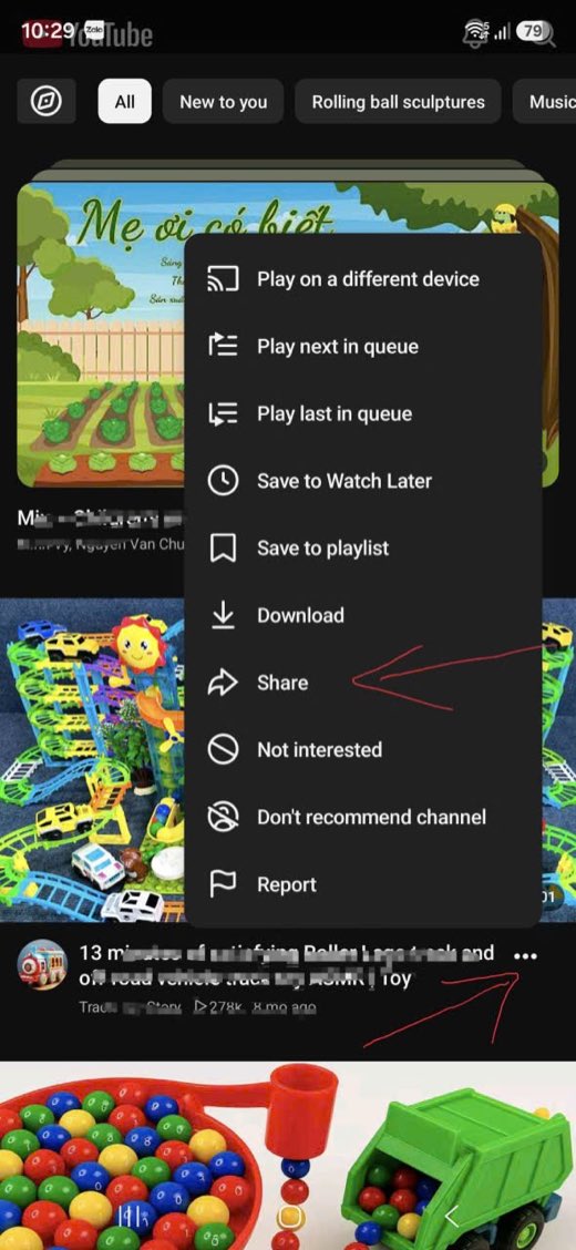 App YouTube trên điện thoại: bấm dấu ba chấm dưới video, menu hiện ra có mục Share được khoanh mũi tên